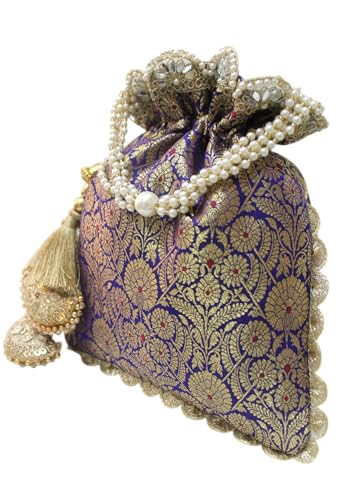 Image of MILAN'S CREATION Pure Banarasi Potli Silk Brocade Bag Purse Drawstring Women's handbag with Pearl Handle & Tassel Weddings