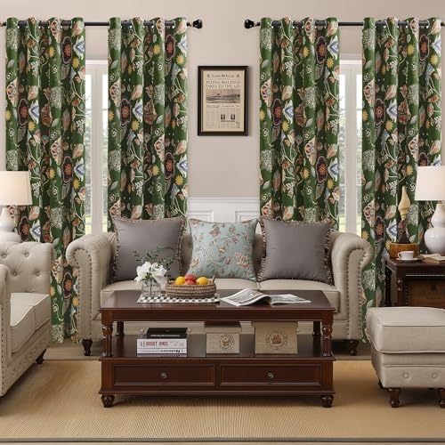Image of Short Black Out Floral Patterned Curtains 45 Inch Long for Bedroom 2 Panels | 100% Blackout Boho Farmhouse Vintage Cottage Core Decorative Window Treatment for Bathroom Kitchen Small Window Green 52x45