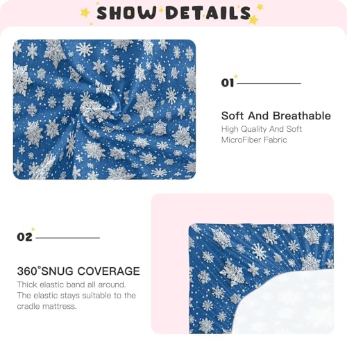 Image of Baby Crib Sheet Christmas Snowflake Blue Crib Mattress for Boys and Girls Playard Sheet Soft Breathable Fitted Baby Mattress Cover 52x28in