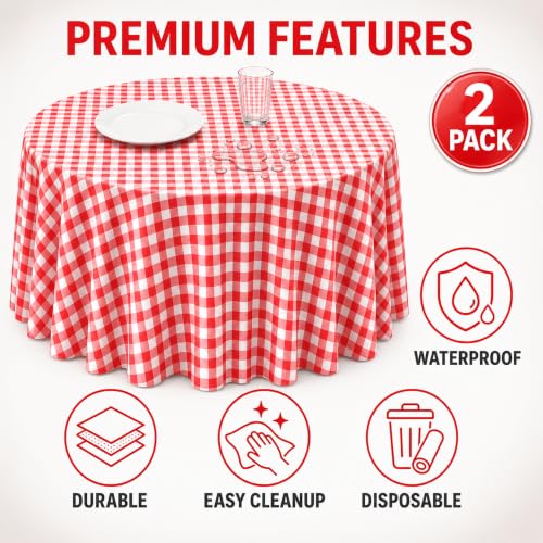 Image of WNINK 2 Pack Red Gingham Round Tablecloth, 84 Inch Disposable Plastic Table Covers, Red Checkered Round Table Cover for Birthday Parties, Holiday, Picnic, BBQ, Family Gathering Party Supplies
