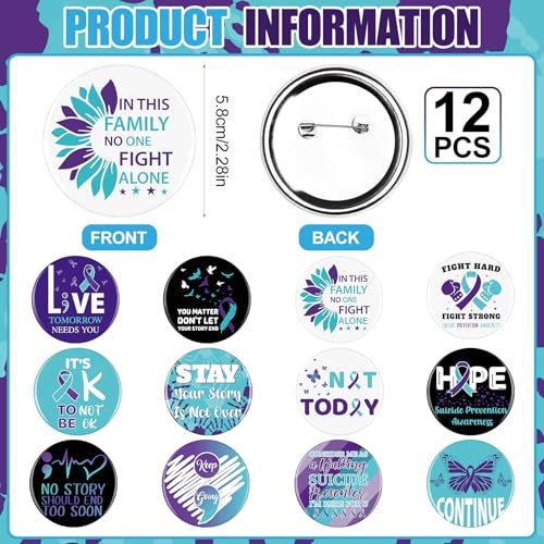 12 Set Suicide Prevention Awareness Drawstring Backpacks and Buttons Badge Bulk Purple Teal Ribbon Lapel Pins Suicide Prevention Backpack Mental Health Gift for Men Women Charity Supplies3