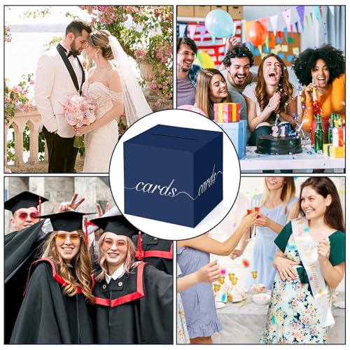 Image of Navy Blue Card Box Silver Foil Wedding Favors Gift Card Boxes Post Box Receiving Money Holder for Wedding Reception, Baby Showers, Anniversary, Birthday Party, Retirement, Graduation Envelope Holder