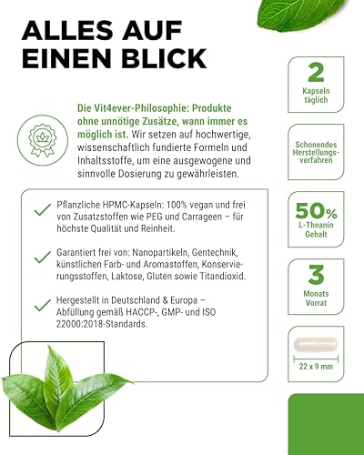 L-Theanin - 180 Kapseln - 750 mg pro Tagesportion - Aus natürlichem Grüntee Extrakt - Hochdosiert - Vegan