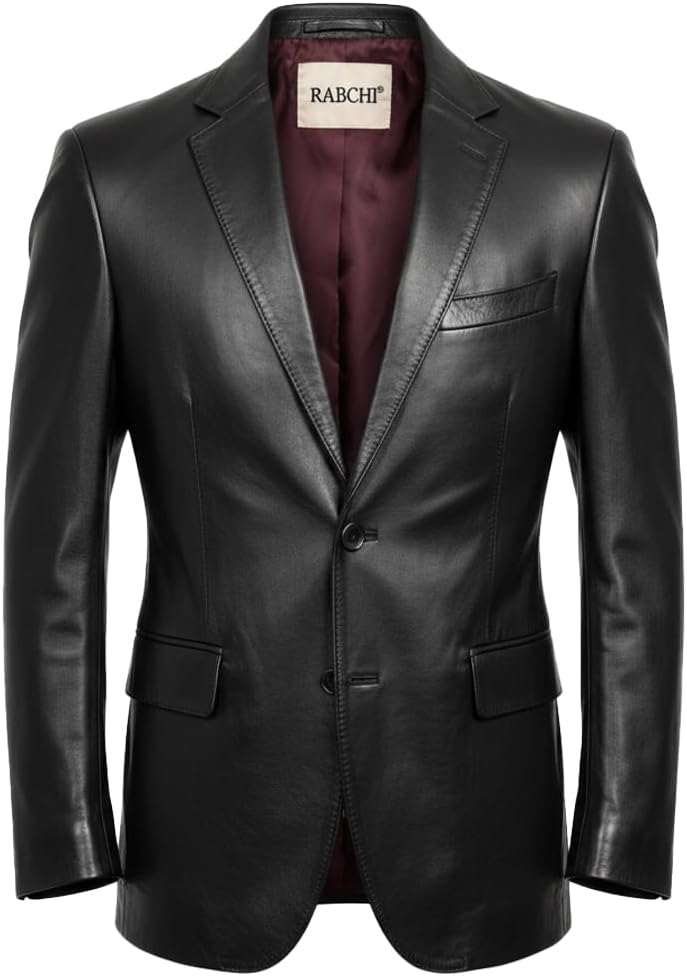 Men’s Real Lambskin Leather Blazer – Casual 2 Button Sport Coat Jacket, Black Genuine Leather Blazer for Men