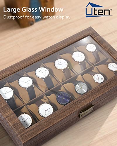 Image of Uten Watch Box 12 Slots, Watch Case Organizer with Real Glass Lid, Wood Grain PU Leather Watch Display Storage Box with Removable Imitation Suede Watch Pillows, Metal Clasp | Watch Jewelry Box, Soft Pillow, Metal Clasp, for Watch Size up to 55mm, Gifts for Collector, Anniversary, Christmas