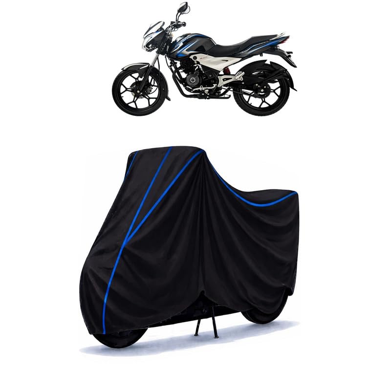 Image of Bajaj Discover Bike Cover Water Resistant Universal Motorcycle Rain | Heavy Duty UV Protection, Dust, Scratch Indoor Outdoor All Weather with Black Blue Piping Elastic