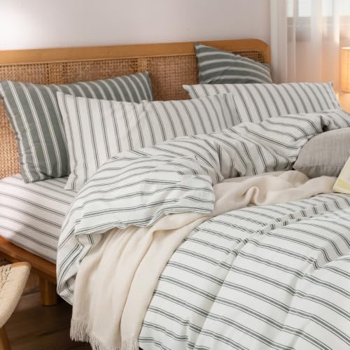 Image of BESTOUCH Striped Cotton Duvet Cover Set Linen Feel Twin | 100% Washed Cotton, Soft Wrinkle Texture, Hidden Zipper, 8 Ties, Breathable Lightweight Durable Comfy, 2 Pcs No Insert