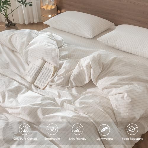 Image of MooMee Striped Duvet Cover Set 100% Washed Cotton Linen Like Twin | Relaxed Linen-like Texture. Soft, Breathable & Long-lasting Comfort. Lightweight. Hidden Zipper with 8 Interior Corner Ties