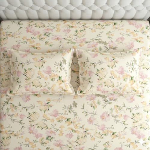 Image of Cotton Bolls Textiles Glace Cotton Flat Bedsheet 90x90 Inch with 2 Pillow Covers - Soft Breathable Glace Cotton, Printed Bedding Set for Double Bed