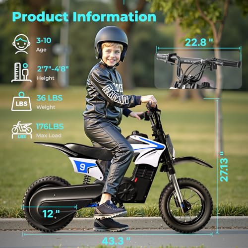 Image of K1 Kids Electric Dirt Bike, 36V, 700W, 16 MPH, 14-Mile, Ages 3-10 (Sky Blue)