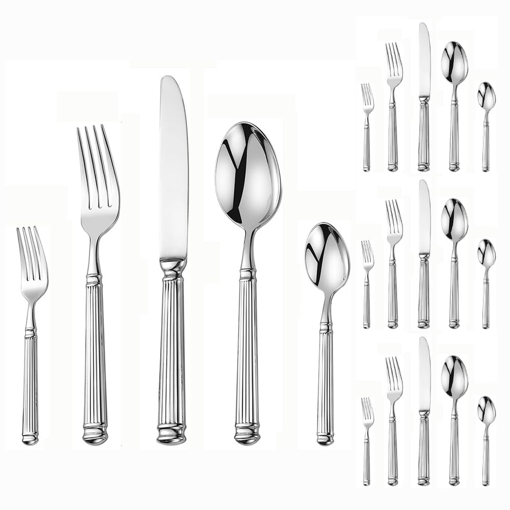 Luce Di Lusso Forgiato Solido Romano Colonna Manico Cucina Acciaio Inox Argenteria Stoviglie Posate Set Bistecca Coltello Forchetta Cucchiaio Cucchiaino (Argento,20 pezzi)