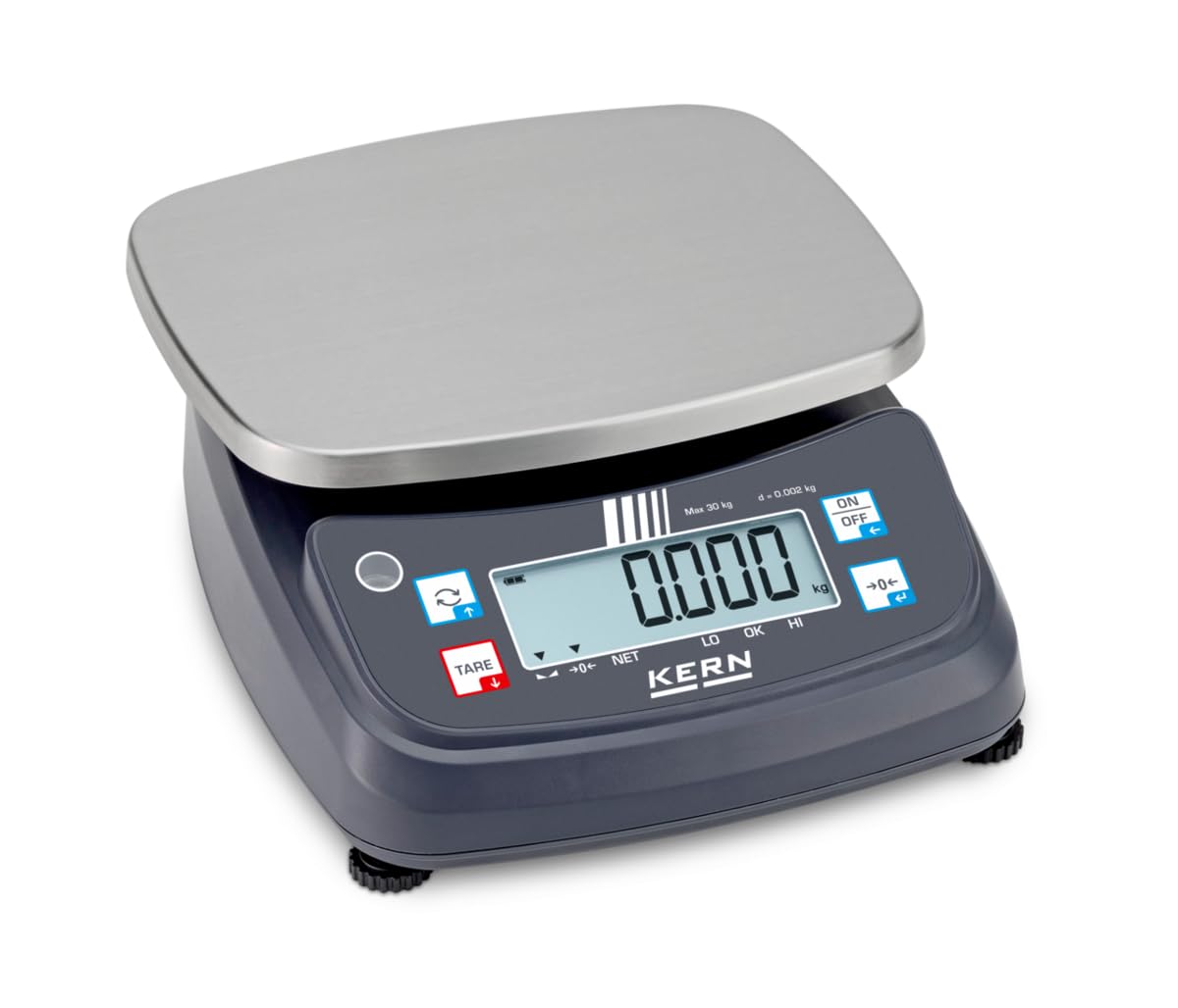 KERN FPE 30K-3 - Einsteiger-Tischwaage mit Checkweighing-Funktion, Ablesbarkeit [d]: 2 g, W�gebereich [Max]: 30 kg, mit Edelstahl-W�geplatte und optischer Toleranzw�gung.