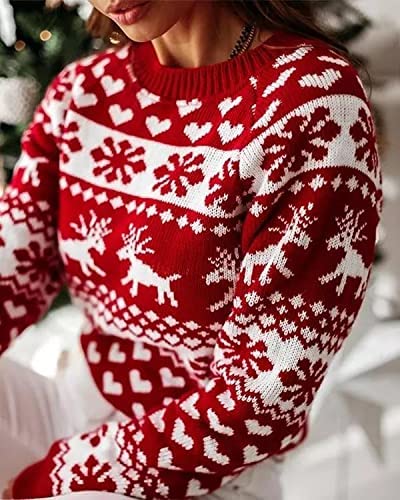 ZAFUL Damen Weihnachtsschneeflocke Rentier Strickpullover Langarm Rundhalsausschnitt Herz Animal Print Pullover Strickwaren – Bild 5