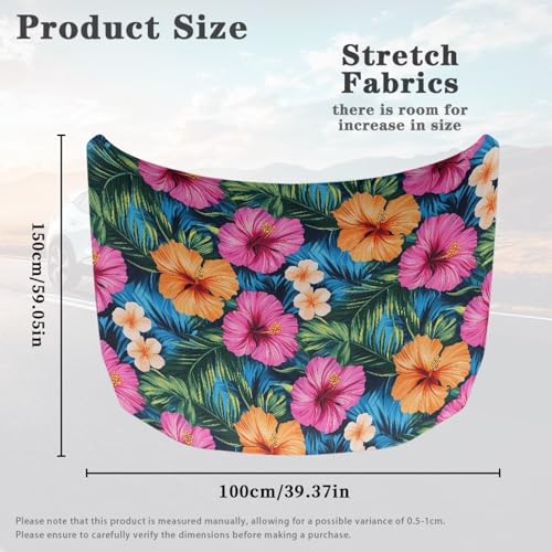 Image of Colorful Hibiscus Flowers Leaves Car Hood Cover, Car Bonnet Banner, Universal Fit, Elastic Polyester, Stretchable, Waterproof Automotive Hood Covers,Car Accessories