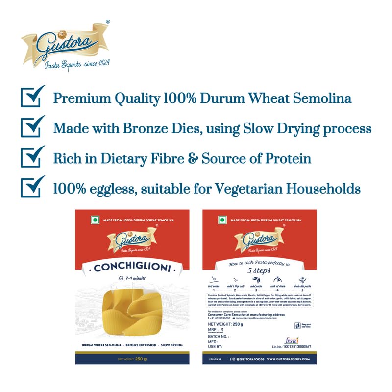 Image of Gustora Durum Wheat Semolina Conchiglioni Pasta Combo, 500g I Vegetarian Pasta I Rich in Fibre & Protein (250g X 2)