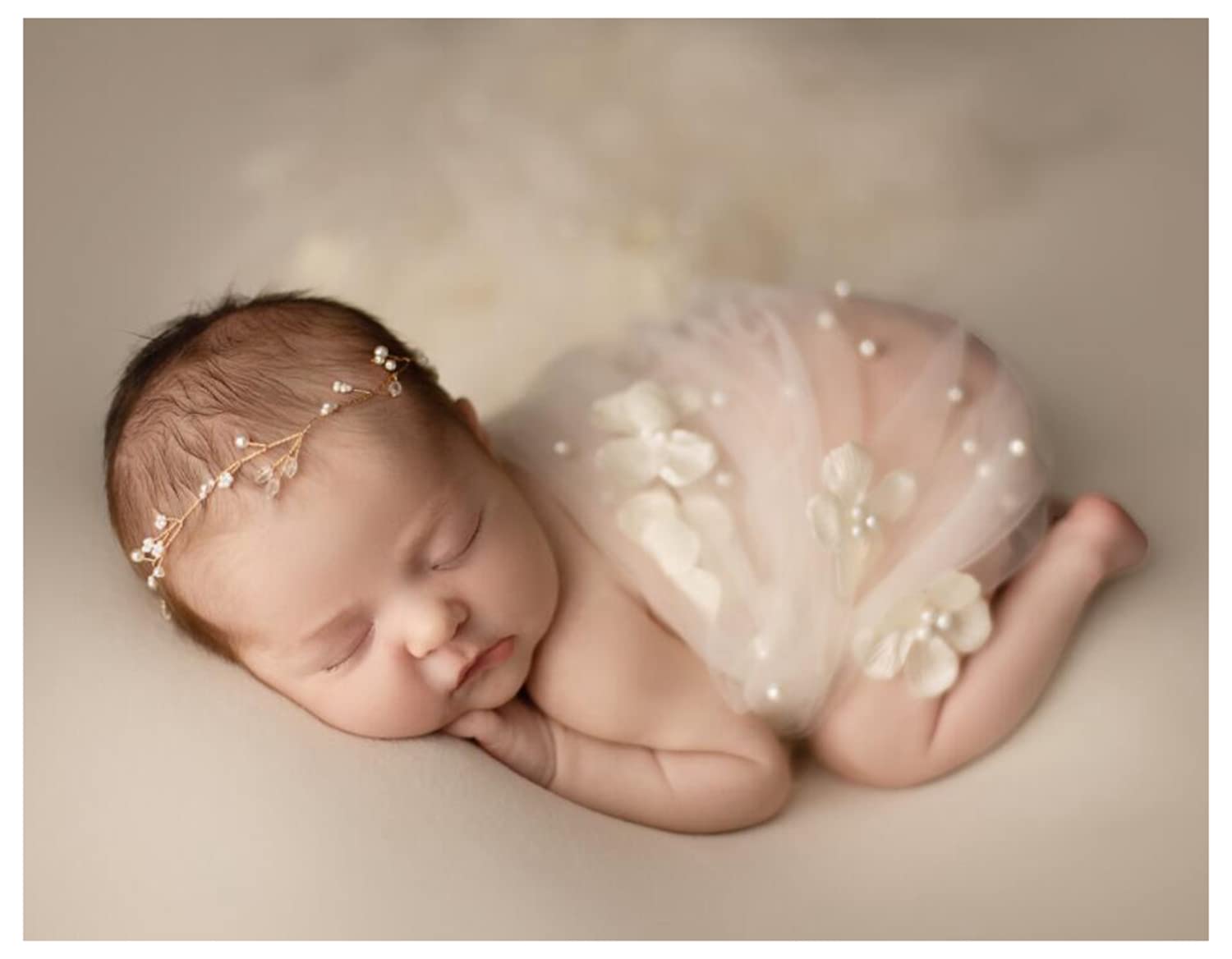 Ederafoto Newborn Photography Props Baby Photoshoots Wraps Infant Photo Posing Pearl Tulle Girl Lace Layers (S, Cream)