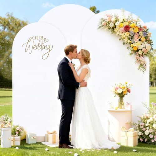 Image of SoarDream White Arch Backdrop Cover Spandex Fitted Arch Wall Stretchy Backdrop Covers White for Wedding Birdal Shower Stand Decorations(6FT 6.6FT 7.2FT Set of 3)