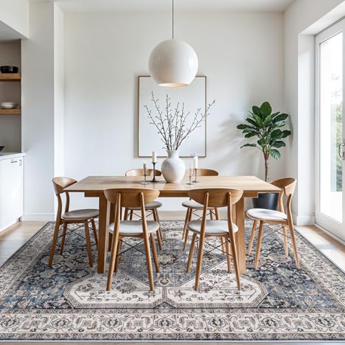 RUUGME Washable 8X10 Area Rug - Soft Area Rugs for Living Room Stain Resistant Carpet Vintage Lightweight Rugs for Bedroom with Non Slip Backing Indoor Ultra-Thin Rugs 8X10 Navy