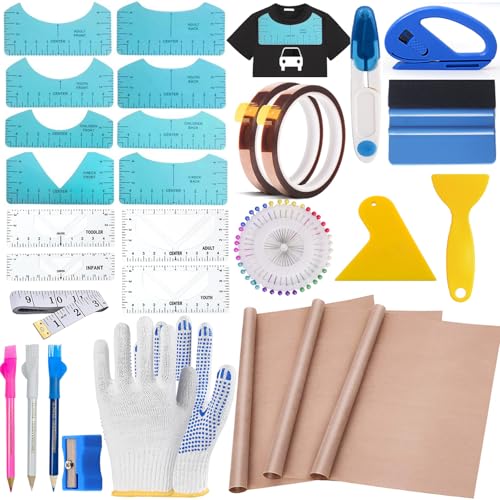 QUKLOGEN 68 Piezas Juego de Herramientas para Camiseta de sublimación,lámina de teflón para Prensa de Transferencia,Camiseta Ruler Guide Alignment para Accesorios de Costura, Accesorios de Plotter