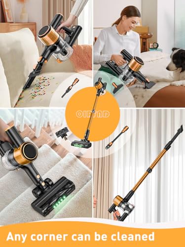 Cordless Vacuum Cleaner, 30Kpa 8-in-1 Stick Vacuum with Anti-Tangle Brush and Upgraded Green Light | 3 Cleaning Modes | 40-Minute Runtime | Lightweight Vacuum Cleaner for Home Hardwood Floors (Orange)