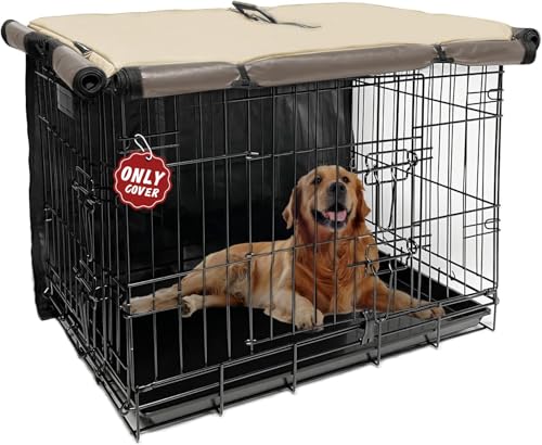 Dog Kennel Cover 42 Inch, Crate Covers for Large Dog Cages with1 2 3 Doors, Privacy Waterproof 600D Oxford Fabric Indoor/Outdoor Khaki (Only Cover)
