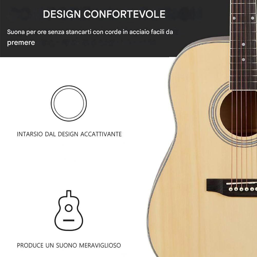 BAKAJI Guitare électro-acoustique 41 pouces avec étui, kit de rechange cordes, médiators, câble pour amplificateur et bandoulière, guitare folk forme cutaway pour adultes et débutants (natural)