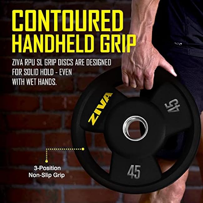 ZIVA Olympic Weight Plate ¨C Premium Urethane-Coated Grip Disc with 2 Stainless Steel Insert and 3-Position Handle ¨C Sold Individually (2.5¨C45 lb) Does not fit Standard Studio Barbell