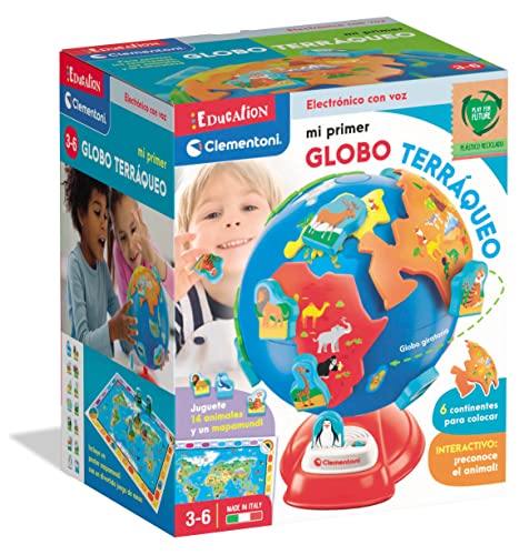 Clementoni- Mi Primer Globo Terráqueo; Un Mapamundi Interactivo Junior con Continentes Y Animales; Juego ecológico en español, a Partir De 3 años (55482)