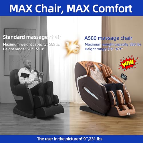 Image of MassaMAX A580 4D Full Body Massage Chair for Big & Tall, OTA Update, Brown | Supports up to 6'10 inch&500 lbs, with 59 inch SL Track, app & voice Control, auto footrest and Z-Gravity; ideal for plus-size users