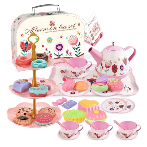 JurciCat 46 pcs Juego De Te Infantil Juguete Accesorios para Cocina De Maletín De Transporte con Juguetes De Postre Tazas Platos y Juego De Té Completo para Regalo Juguete para Niñas De 3 A 9 Años