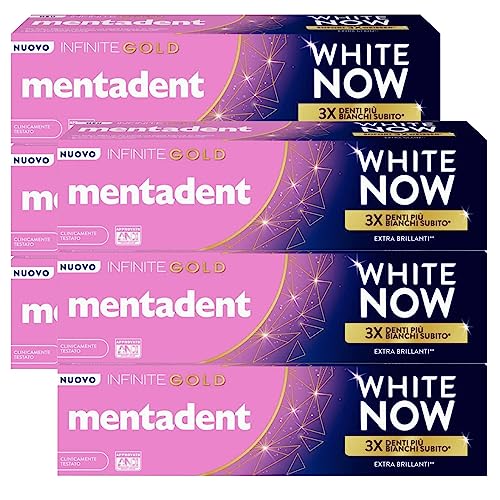 Mentadent White Now Infinite Gold Dentifricio Sbiancante Azione Istantanea Contro Macchie Superficiali Denti Extra Brillanti Sbiancamento Temporaneo - 6 Flaconi da 75ml