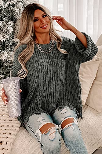 Women Streetwear Ripped Hole Knit Sweater Loose Long Sleeve Pocketed Jumper Crew Neck Pullover Tops3