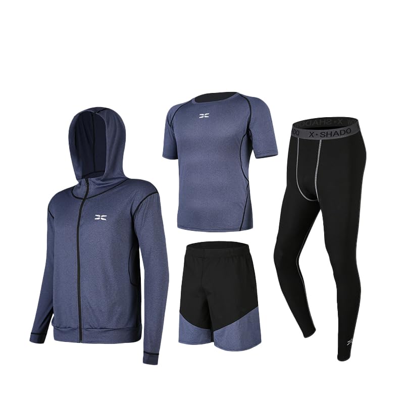 GRECERELLE Conjunto deportivo de 4 piezas para correr para hombre, equipo de máximo rendimiento para correr y fitness, camiseta de manga corta, pantalones cortos, medias de compresión y sudadera con