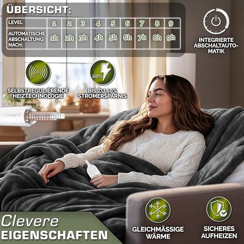 sinnlein® Heizdecke aus Plüsch 180 x 130 cm | elektrische Wärmedecke mit Abschaltautomatik | Kuscheldecke | Timerfunktion | 9 Temperaturstufen | waschbar bis 40°C | Digitalanzeige