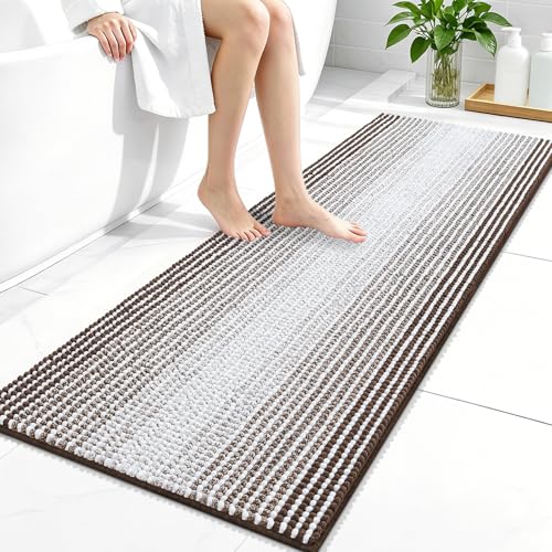 Image of OLANLY Bathroom Runner Rugs 47x20, Extra Soft Absorbent Chenille Striped Bath Rugs, Rubber Backing, Machine Wash Dry, Long Bath Mats for Bathroom, Tub, Shower, Home Decor Accessories, Brown