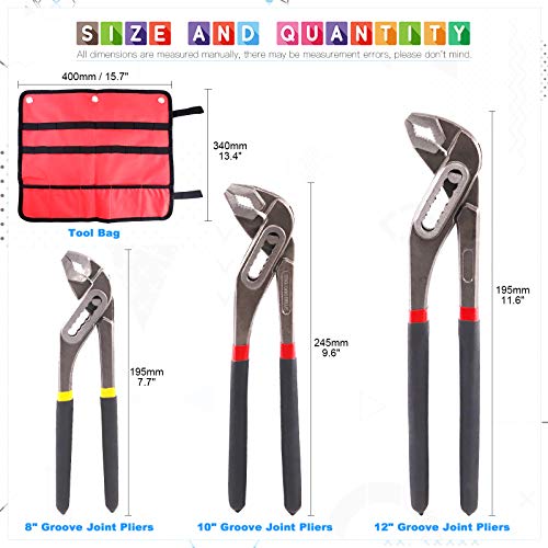 Glarks 3Pcs Groove Joint Pliers Set, 12In 10In 8In Adjustable Straight Jaw Tongue And Groove Pliers Water Pump Pliers For Nuts, Bolts, Water Pumps And Pipes #TOP1