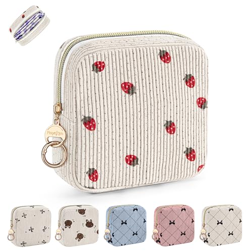 Neceser Compresas Bolso para Compresas Almacenamiento Algodon Tampons Bolsa Menstrual con Cremallera de Servilletas Sanitarias Bolsas Portátil para Mujers Regalo para Adolescentes Niñas(Beige-Fresas)