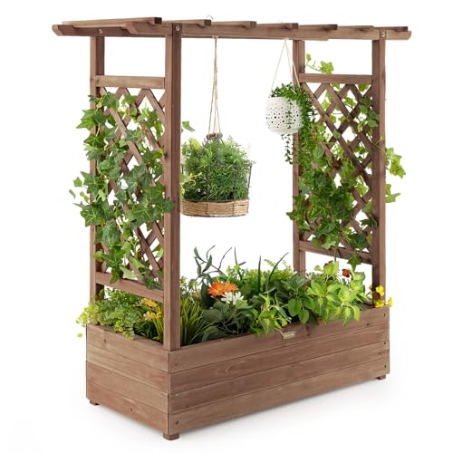 COSTWAY Hochbeet mit Rankgitter & hängendem Dach, Pflanzkasten mit Rankhilfe, Blumenkasten für Kletterpflanzen & hängende Körbe, für Garten Hof Terrasse, Pflanzgefäß aus Holz, Braun