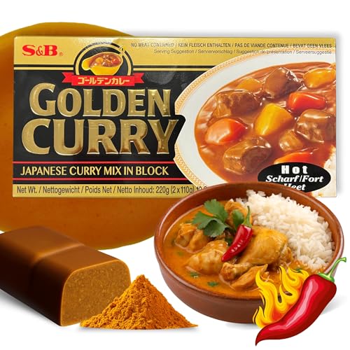 Curry Japones en Pastilla, Pastillas de Golden Curry, Pasta curry japonés hot, Elaborado con 35 especias diferentes, Apto para elaborar unas 12 raciones, Picante, Contiene 220 gr