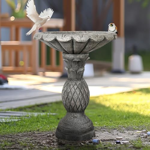 Image of SunJet 24.8 Inch Heigh Concrete Bird Bath with Pineapple Texture - birdbath Sturdy & Elegant Design, Vintage Freestanding Style, Attracts Birds and Enhances Garden, Patio, Yard, Lawn Decor