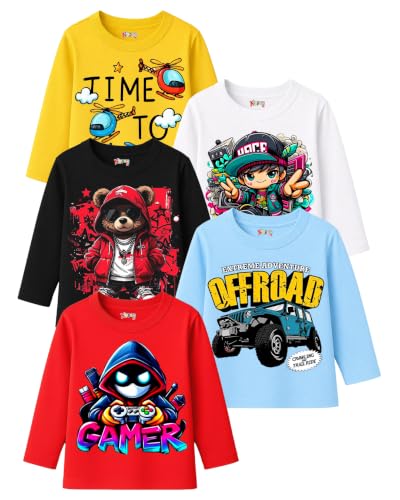 Image of Boys Full Sleeve T-Shirt Combo Pack of 5 | Cotton Printed T-Shirts for Kids | Round Neck Graphic T-Shirts for Casual Summer Wear