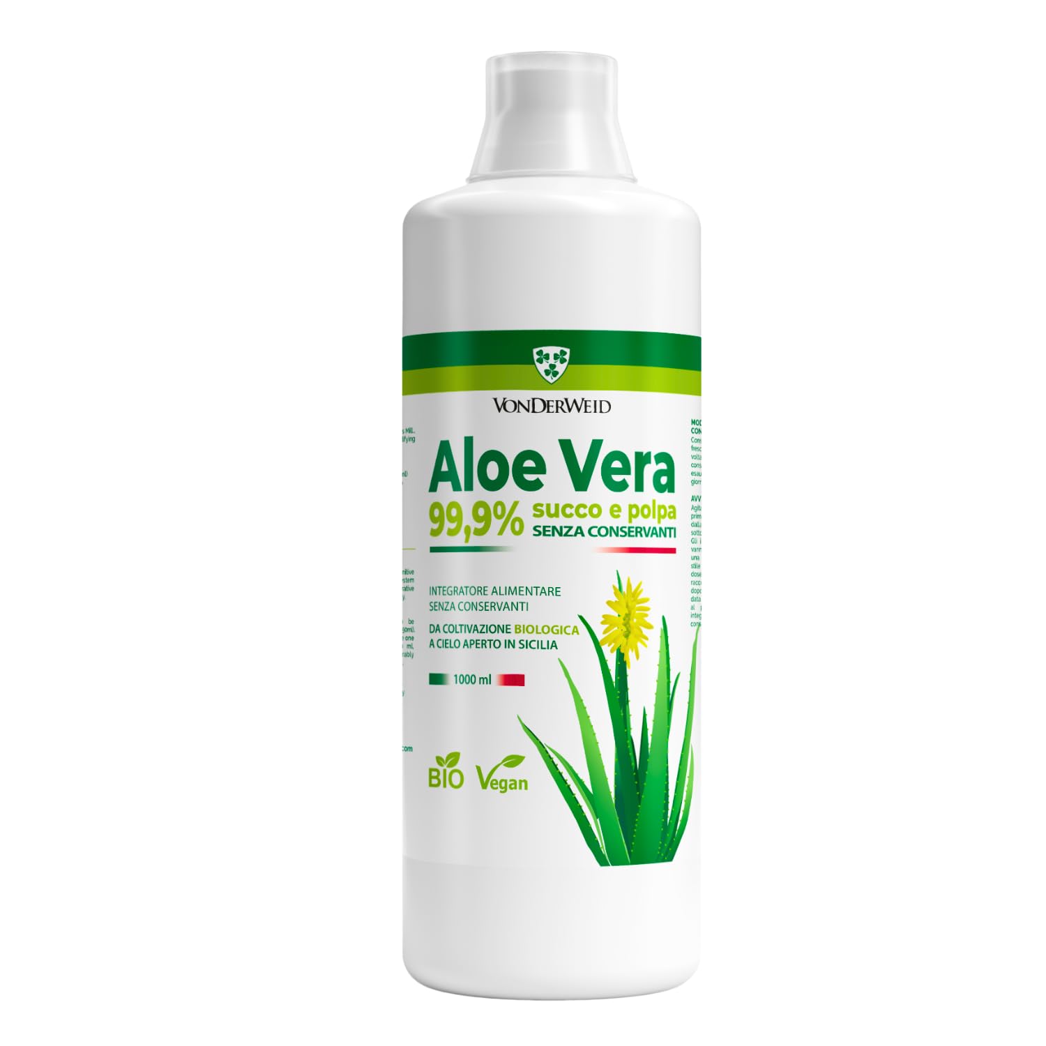 Vonderweid - Puro Succo di Aloe Vera Italiana Biologica | Integratore Alimentare Depurativo Digestivo Lenitivo e Nutriente con Aloe Vera da Bere | Non Filtrato | Made in Italy | 1000 mL