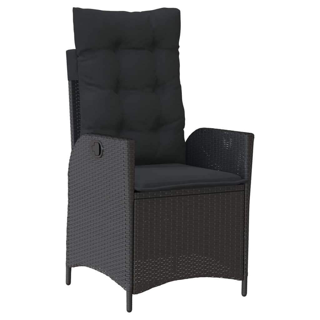 5-TLG. Zestaw obiadowy ogrodowy, czarny, poly rattan, regulowany fotel relaksacyjny z poduszką, na taras, balkon, do jadalni