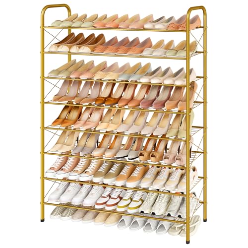 Image of Hoctieon 8 Tier Shoe Rack for Closet, Durable Mesh Style Shoe Rack, Entryway Shoe Shelf, Shoe Storage Organizer for Hallway, Bedroom, Living Room, Wardrobe, Gold