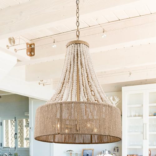 Vaczon Wood Beaded Chandelier - French Country Farmhouse Chandelier - Bohemia Chandeliers for Dining Room Distressed Gold 4-Light Adjustable Chain for Kitchen Island Dining Room E12 Socket