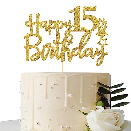 Gold Glitter Happy 15th Birthday Cake Topper - 15 Sign Cake Topper - Cheers to 15 Years Party Supplies - 15th Birthday Party Decoration