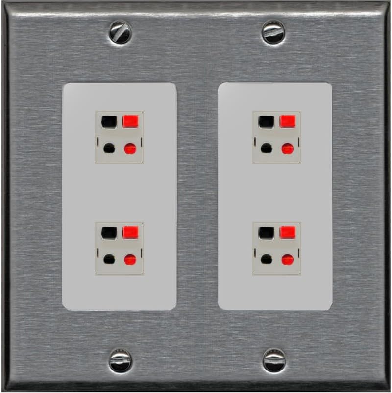 RiteAV 4 Port Speaker Wire Plug Jack Wall Plate - 2 Gang [Stainless/Gray]