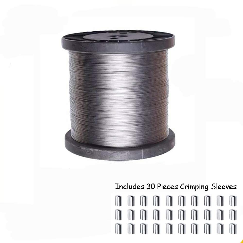 Cable de Acero Inoxidable, Cable de Acero Inoxidable 304 Trenzado de 7 x 7 Pulgadas, 0,04-0,08 Pulgadas x 328 pies con 30 Casquillos de engarce de Aluminio(Dia0.048 Length328ft)