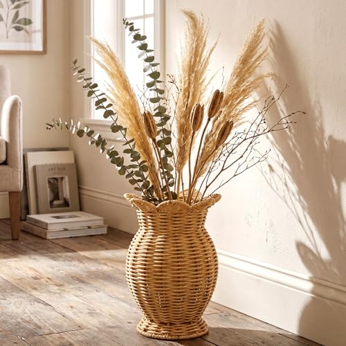 RimCereal 12 Wicker Vase for Flowers Woven Rattan Vases Scalloped Edge Basket Rustic Boho Modern Country Style Home Decor for Tabletop Table Centerpiece Farmhouse Bouquet