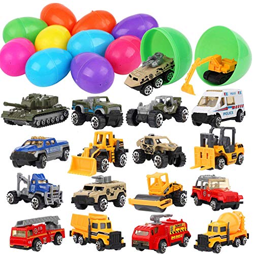 Sizonjoy 18 Pack Prefilled Easter Eggs with Die-cast Vehicles,4.2" Plastic Easter Eggs Filled with Toys, Perfect for Basket Stuffers Fillers, Easter Eggs Hunt,Party Favor